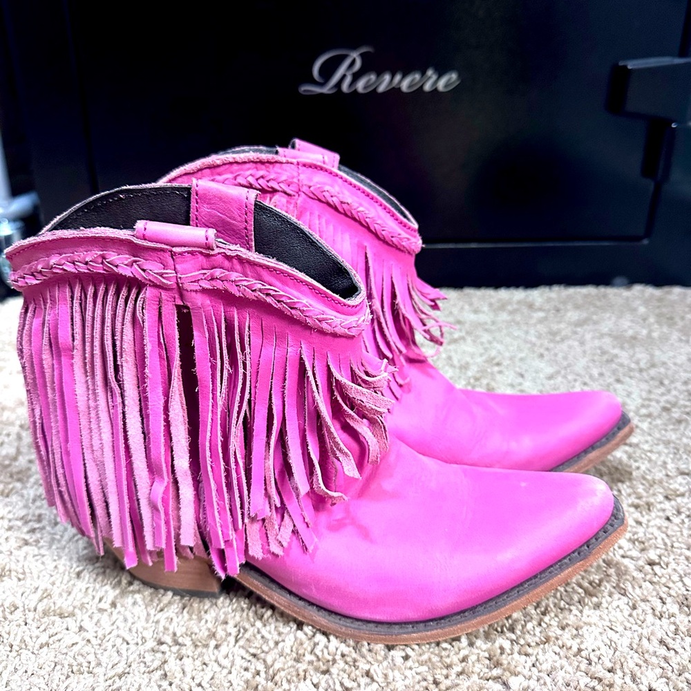 Liberty Black Pink Fringe Booties 7.5